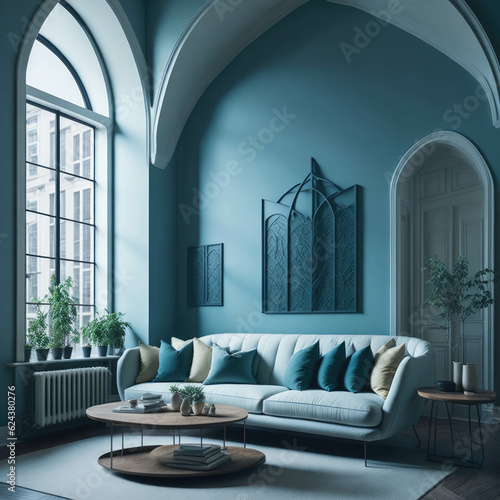 Fototapete Interior Of Modern Living Room with Arched Windows and High Ceiling, Cozy Sofa,
