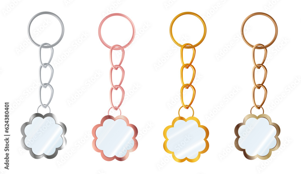 A set of copper or bronze, gold or brass, silver or steel, pink gold keychains in the shape of a flower. Metal key holders isolated on white background. Realistic vector illustration. A set of copper or bronze, gold or brass, silver or steel, pink gold keychains in the shape of a flower. Metal key holders isolated on white background. Realistic vector illustration.