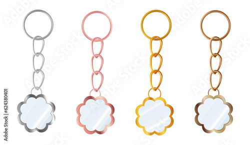 A set of copper or bronze, gold or brass, silver or steel, pink gold keychains in the shape of a flower. Metal key holders isolated on white background. Realistic vector illustration.