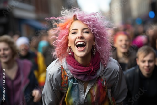 A woman with pink hair is laughing in a crowd. Generative AI. Young vibrant participant of a pride event for LGBTQ+ community.
