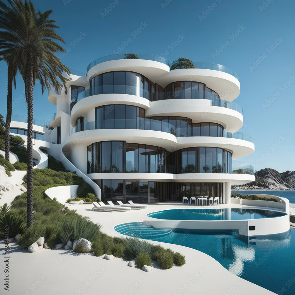 Modern Round Luxury House, Panoramic View to Sea, Villa On Sea Shore, Generative AI