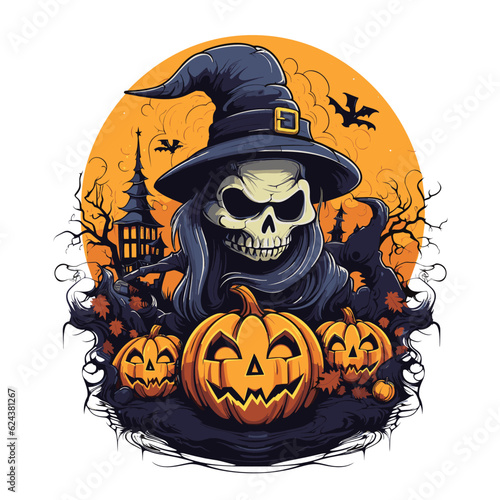T-shirt or poster design with illustration on Halloween theme