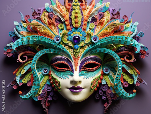 A colorful mask with feathers on a purple background. Generative AI. © tilialucida