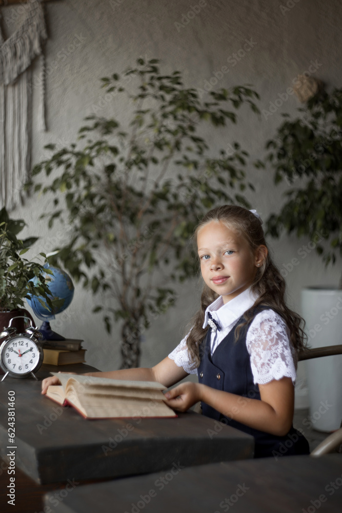 Primary schoolgirl, in school uniform, with a book Primary schoolgirl, in school uniform, with a book
