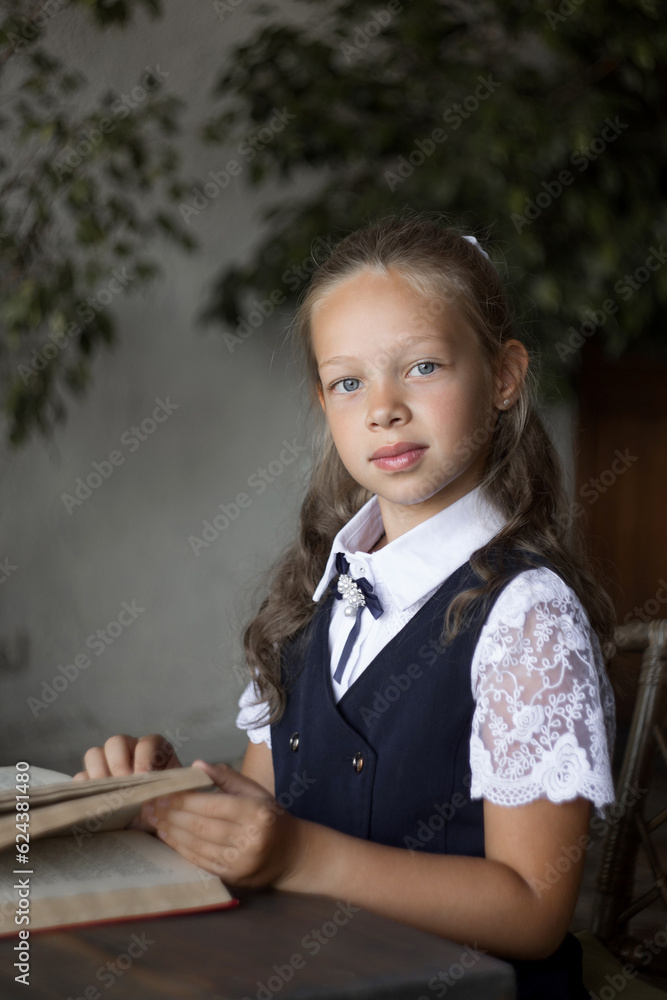 Primary schoolgirl, in school uniform, with a book Primary schoolgirl, in school uniform, with a book
