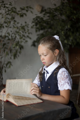 Primary schoolgirl  in school uniform  with a book
