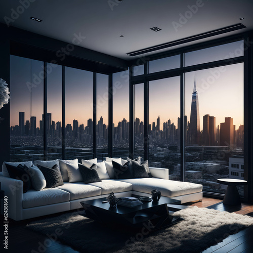 Hollywood Glam Style Interior Design, Modern  Cozy Sofa with Pillows and Coffee Table, Apartament Living Room, Generative AI