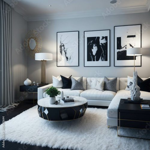 Hollywood Glam Style Interior Design  Modern  Cozy Sofa with Pillows and Coffee Table  Apartament Living Room  Generative AI