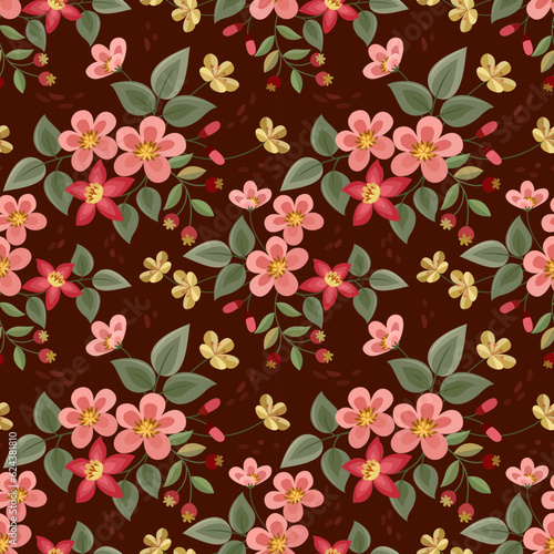Cute colorful flowers on brown color background seamless pattern. This pattern can beused fro fabriv textile wallpaper.