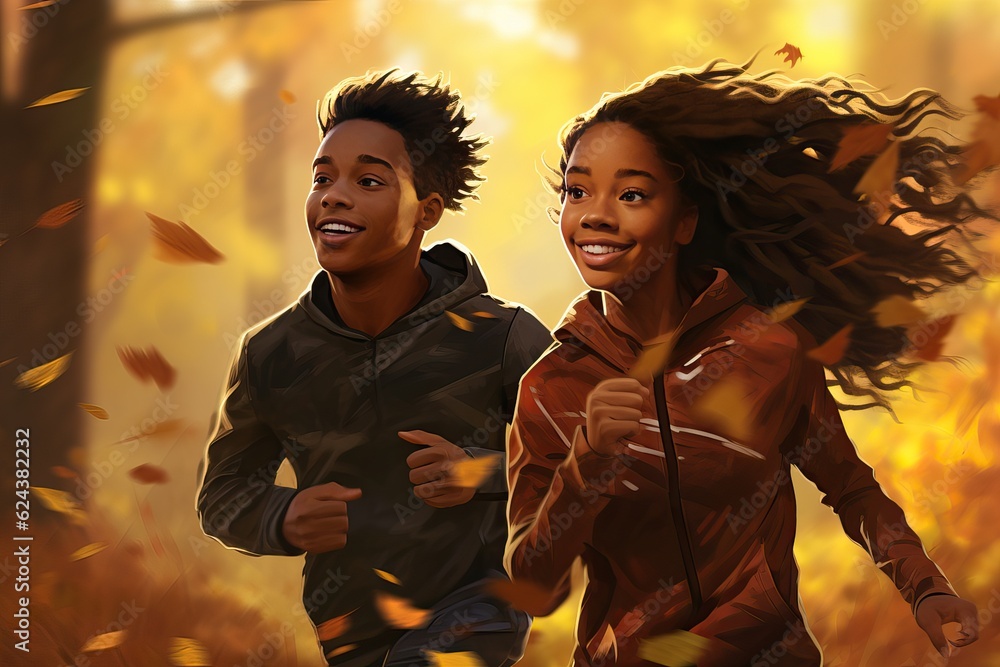 Teenagers couple during a short morning run through the autumn forest. Pleasant communication and running workout in a pleasant company. Support and friendship concept. Teenagers couple during a short morning run through the autumn forest. Pleasant communication and running workout in a pleasant company. Support and friendship concept.