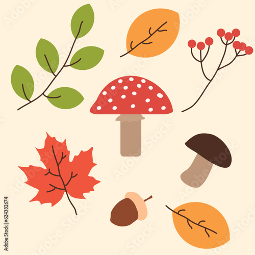 baby pattern for packaging. Vector colorful autumn natural seamless pattern with fall leaves, fruits, pumpkins and mushrooms. Fall endless background