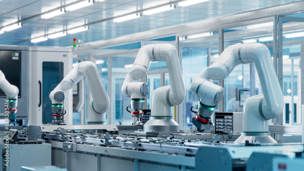 Fully Automated Modern PCB Assembly Line. Advanced High Precision Robot Arm inside Bright Electronics Factory. Electronic Devices Production Industry. Component Installation on Circuit Board. Fully Automated Modern PCB Assembly Line. Advanced High Precision Robot Arm inside Bright Electronics Factory. Electronic Devices Production Industry. Component Installation on Circuit Board.