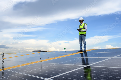 Engineer Inspector Quality in Solar Roof Panel Installation, Sustainable Photovoltaic Work for Factory Buildings. Natural Energy Sources Infrastructure Development in Efficiency.