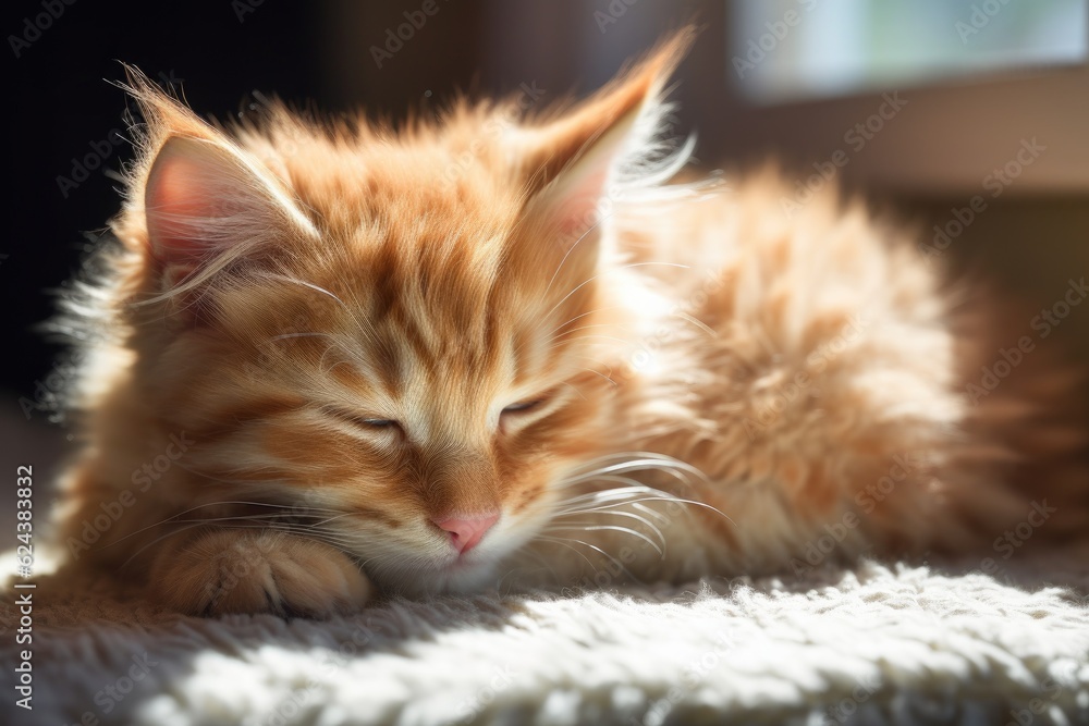 fluffy kitten napping in warm sunlight, created with generative ai fluffy kitten napping in warm sunlight, created with generative ai