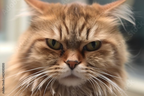 close-up of cat's face, with its eyes narrowed and furrowed in anger, created with generative ai
