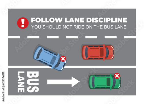 safe correct traffic rules and tips template. follow lane discipline dont ride bus lane. top view cars and road drive. vector cartoon flat illustration