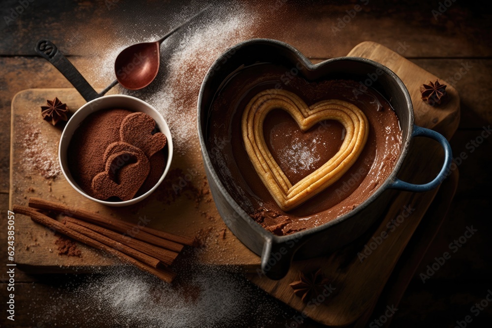 heart-shaped churro surrounded by heart-shaped saucepan of warm, melted chocolate, created with generative ai heart-shaped churro surrounded by heart-shaped saucepan of warm, melted chocolate, created with generative ai