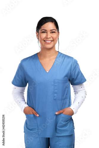 Medical, professional and portrait of a happy female doctor, nurse or surgeon in scrubs. Confidence, smile and face of a young Mexican woman healthcare worker isolated by transparent png background photo