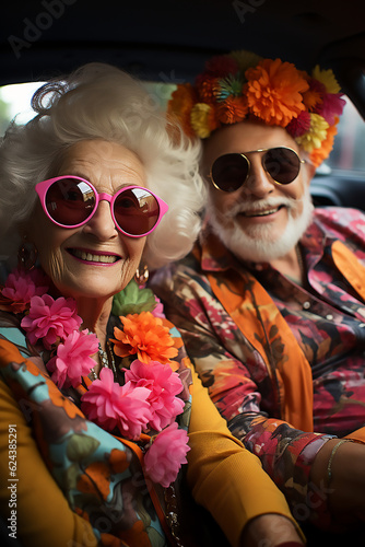 man and woman happy senior couple travel drive car on summer vacation