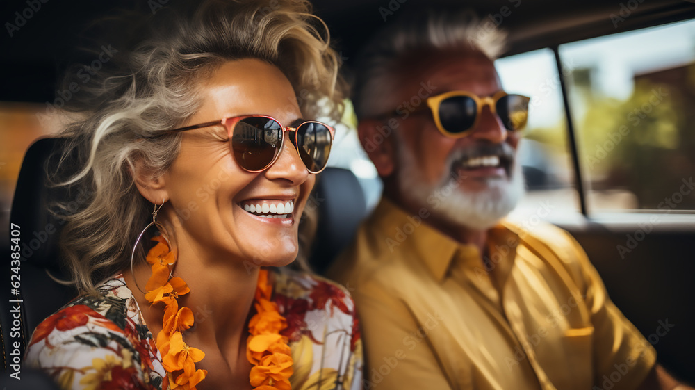 man and woman happy senior couple travel drive car on summer vacation