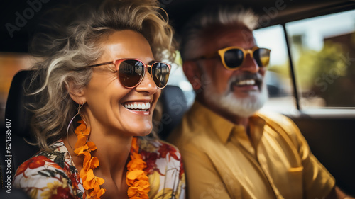 man and woman happy senior couple travel drive car on summer vacation