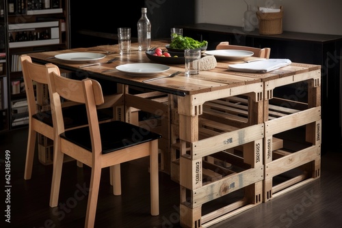 a sleek and modern dining table made from repurposed crates  created with generative ai