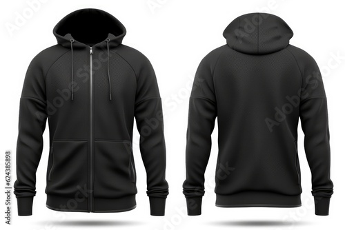 stylish black hoodie zipper mockup. front and back view with white background