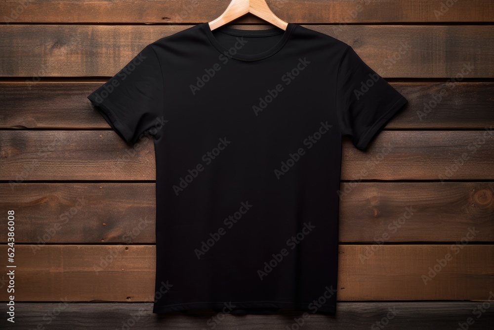 black blank men t shirt mockup with hanger, front view with wooden table background black blank men t shirt mockup with hanger, front view with wooden table background