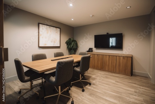 modern meeting room with sleek and minimalist decor  flat screen monitor  and wireless mouse   keyboard  created with generative ai