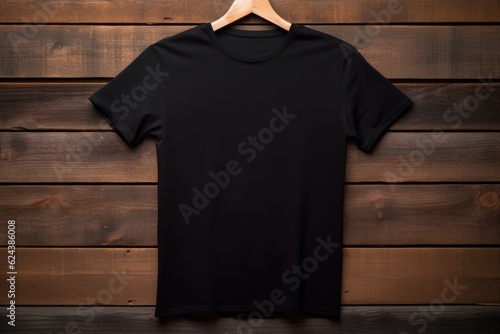 black blank men t shirt mockup with hanger, front view with wooden table background