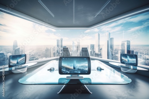 virtual meeting room, with view of futuristic cityscape, and flying cars in the sky, created with generative ai