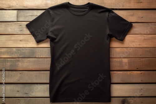 black blank men t shirt mockup, front view with wooden table background