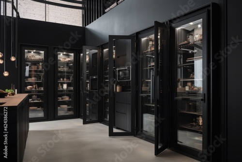 modern walk-in freezer with transparent doors and sleek black finish, created with generative ai © altitudevisual