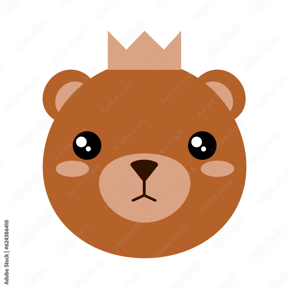 Little baby bear boy. Character of baby animal face with crown on head. Vector illustration of bear prince cub. Print of teddy bear for kids. Little baby bear boy. Character of baby animal face with crown on head. Vector illustration of bear prince cub. Print of teddy bear for kids.