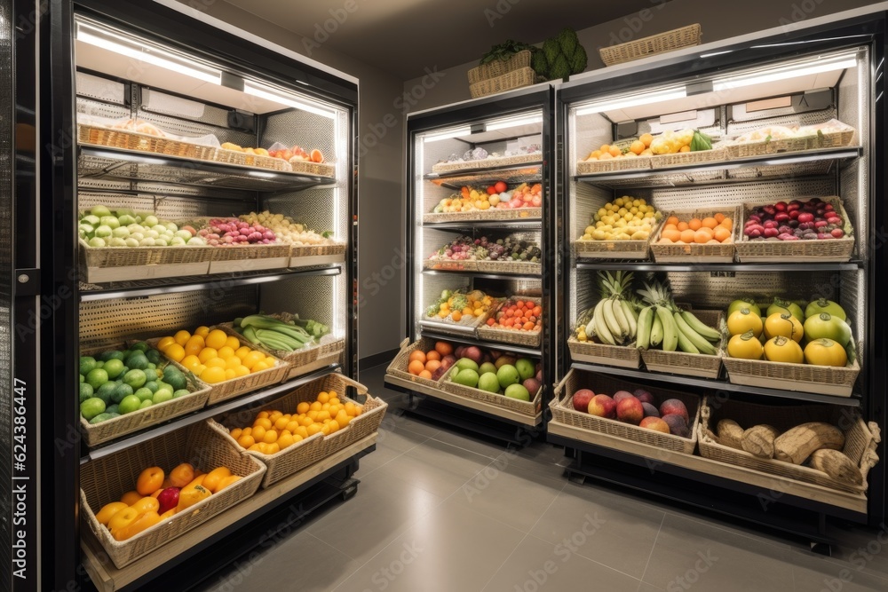 walk-in refrigerator with a variety of fruits and vegetables in baskets, created with generative ai