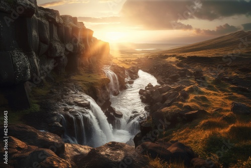 waterfall  with view of the sunset in the background  creating a magical atmosphere  created with generative ai