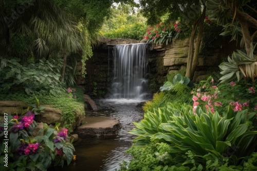 waterfall surrounded by lush greenery and vibrant blooms, created with generative ai © altitudevisual