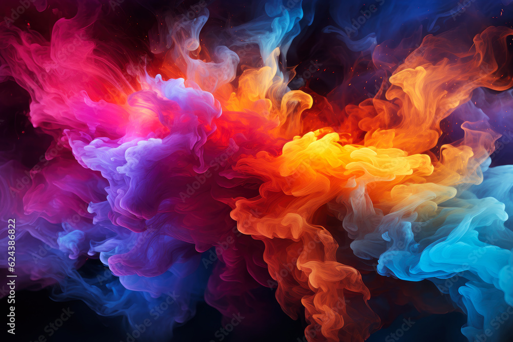 Multicolored abstract smoke with fire on black background, AI Generated