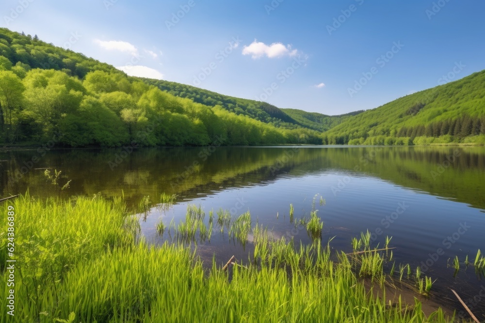 a quiet lake surrounded by rolling hills and forests, created with generative ai