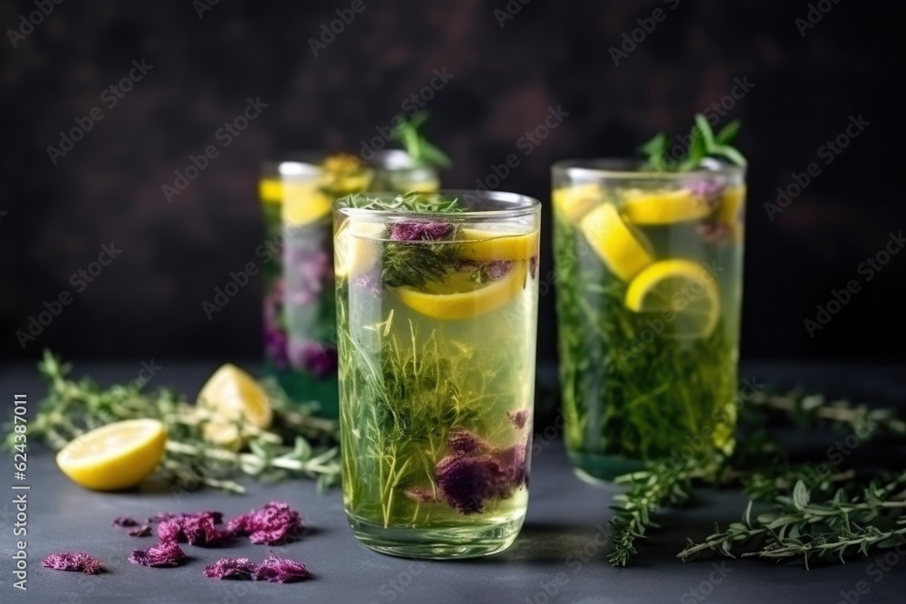 refreshing summer lemonade cocktail with mix of juices, teas and herbs, created with generative ai refreshing summer lemonade cocktail with mix of juices, teas and herbs, created with generative ai