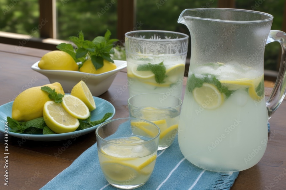 Fototapeta premium refreshing lemonade with a hint of mint, perfect for summer, created with generative ai