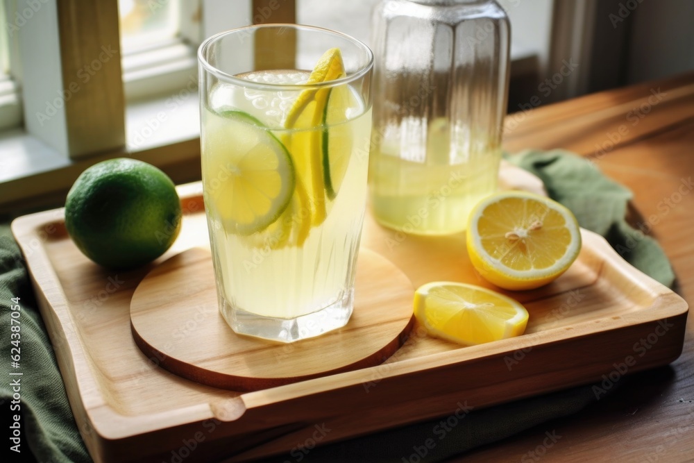 glass of homemade lemonade with slice of lemon and wedge of lime on a wooden tray, created with generative ai