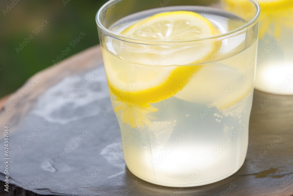 close-up of summer lemonade, with ice cubes and slice of lemon visible, created with generative ai close-up of summer lemonade, with ice cubes and slice of lemon visible, created with generative ai