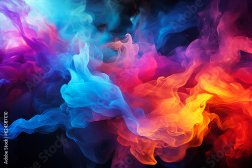 Multicolored abstract smoke with fire on black background, AI Generated © staras