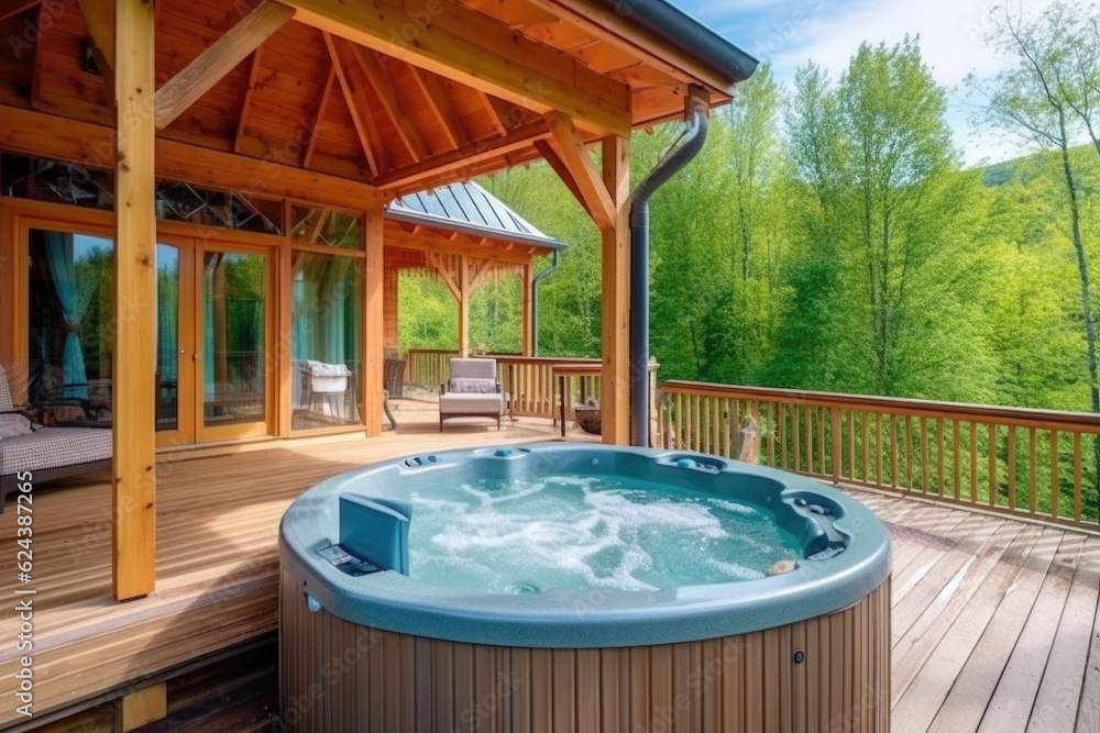 wellness retreat with private hot tub, surrounded by peaceful scenery, created with generative ai