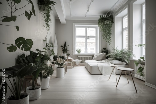 a serene interior  with green plants and white accents  creating a tranquil atmosphere  created with generative ai