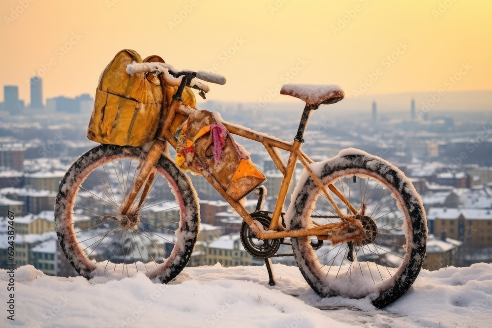 bicycle covered in snow with a snowy cityscape in the background, created with generative ai