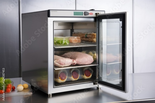 temperature-controlled holding cabinet with sliding glass doors, showing the products and ingredients inside, created with generative ai