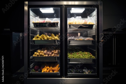 temperature-controlled holding cabinet with a variety of food items, including fruits and vegetables, created with generative ai