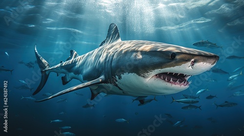 Ocean shark under water Open toothy dangerous mouth with many teeth AI generated image